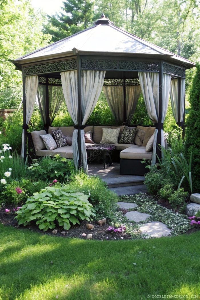 Charmant gazebo de jardin avec une structure en treillis métallique sombre, des rideaux fluides, et un coin salon confortable au milieu d’une végétation luxuriante et de sentiers en pierre.
