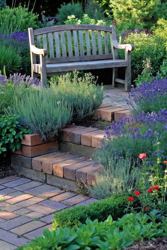 Banc en bois patiné installé dans un jardin luxuriant, entouré de lavandes, de fleurs colorées et de marches en pierre, formant un coin extérieur paisible.