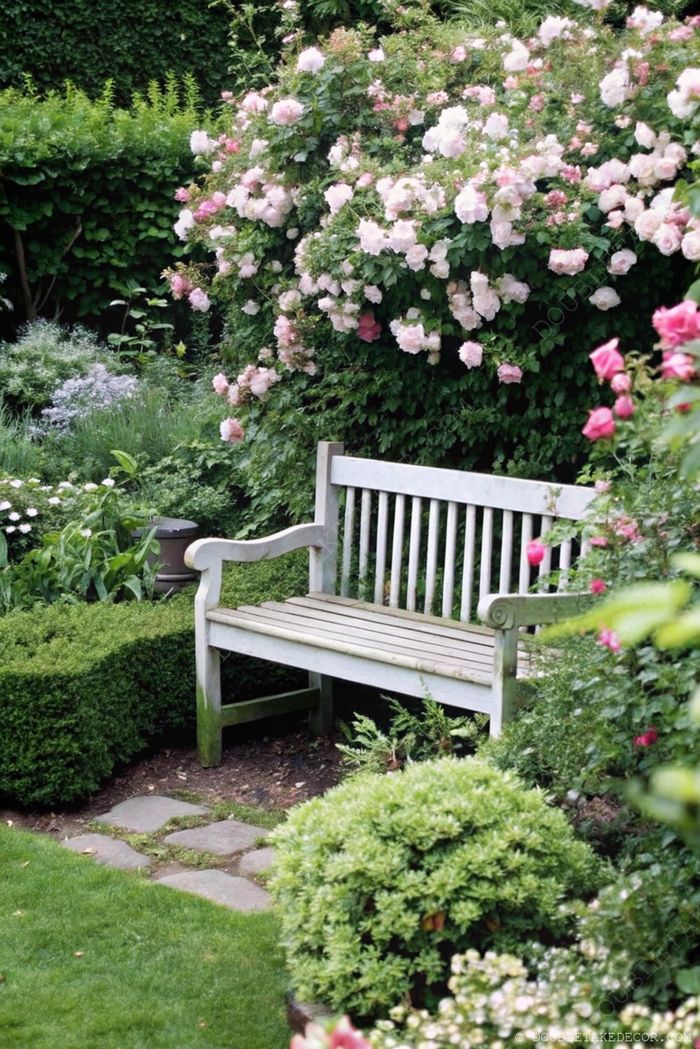 Banc en bois patiné inséré dans une végétation dense et des roses roses avec une allée de galets, créant un coin jardin tranquille pour se détendre.