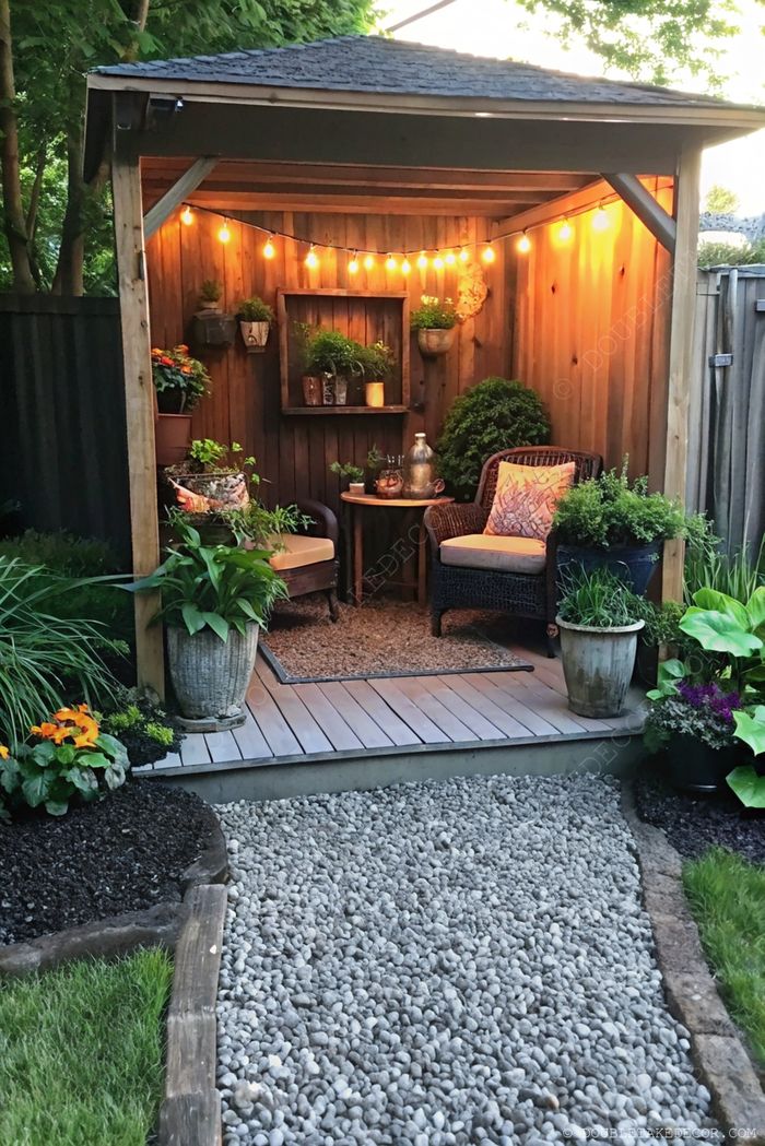 Petit coin extérieur douillet avec une structure en bois, des guirlandes lumineuses, un fauteuil en osier et beaucoup de plantes vertes, formant un espace paisible.