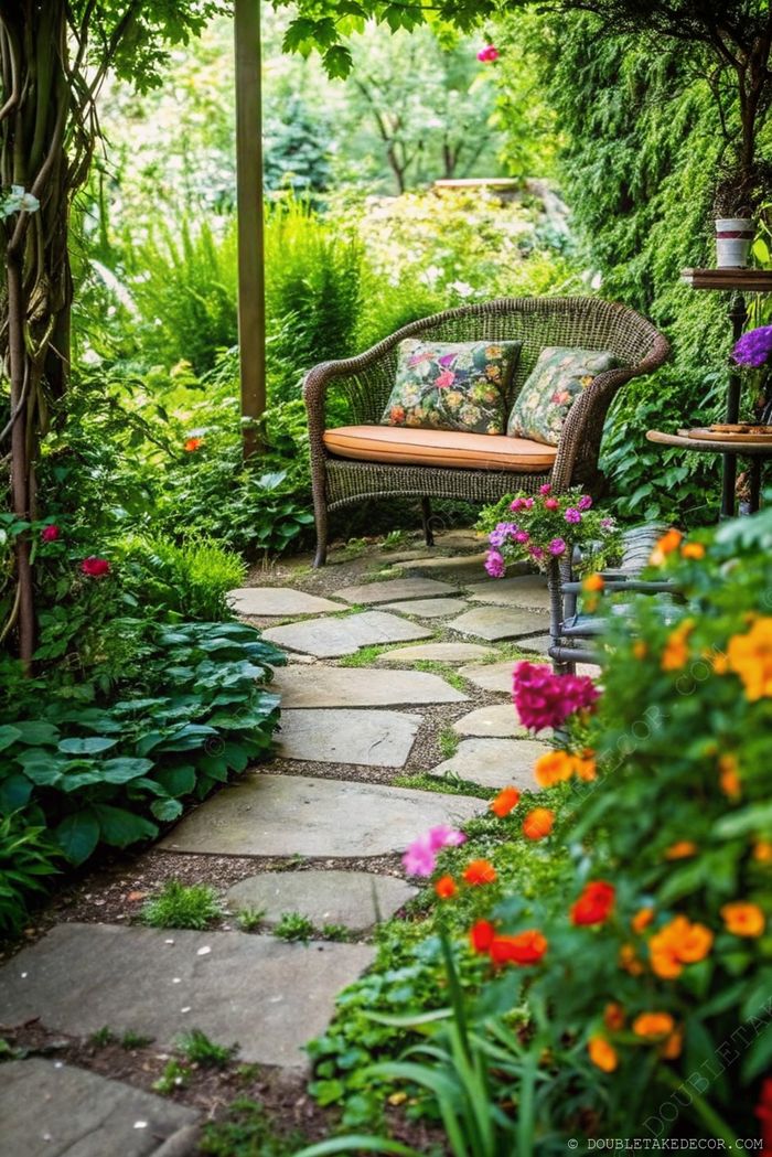 Coin de jardin paisible avec un canapé en osier et des coussins fleuris, le tout le long d’un sentier en pierre entouré de fleurs colorées et de plantes vertes.