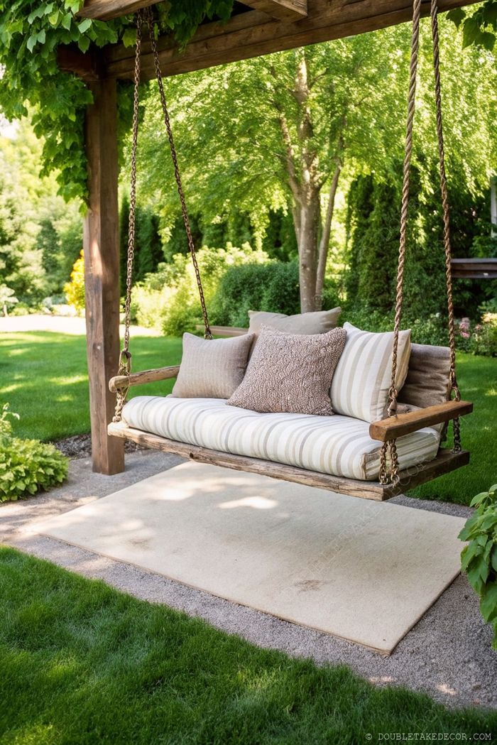 Balancelle en bois rustique avec coussin rayé et oreillers naturels sous une pergola, entourée de verdure sur un tapis texturé