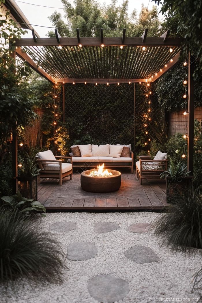 Brasero circulaire sur une terrasse en bois avec un canapé et un fauteuil crème sous pergola, guirlandes lumineuses et verdure abondante tout autour