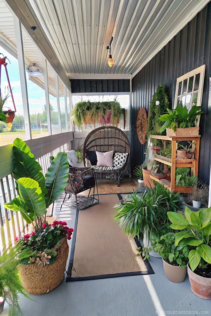 Véranda calme avec fauteuil suspendu en osier, plantes en pot posées sur un tapis en fibres naturelles et murs noirs à panneaux.