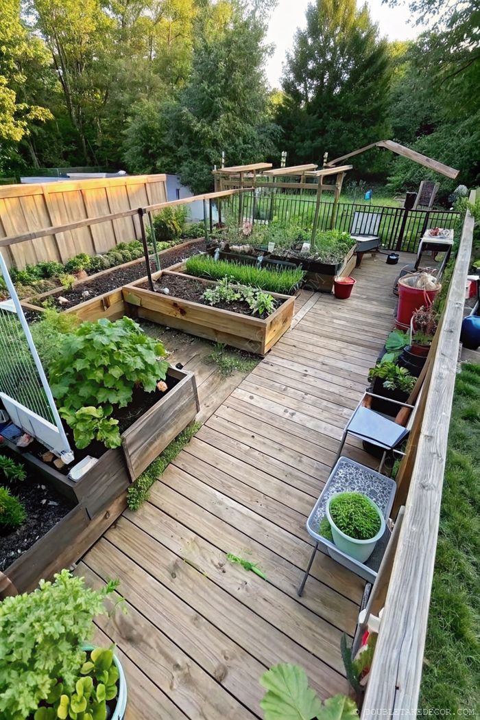 Espace de jardin vivant avec des bacs surélevés en bois le long d’un chemin en terrasse, entourés d’herbes, de légumes et de plantes en pot.
