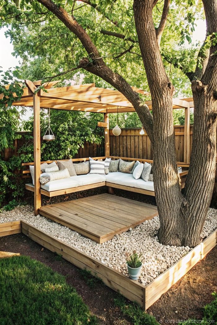 Espace salon extérieur avec pergola en bois, canapé en U, coussins décoratifs, terrasse surélevée bois et plantes pour la confidentialité.