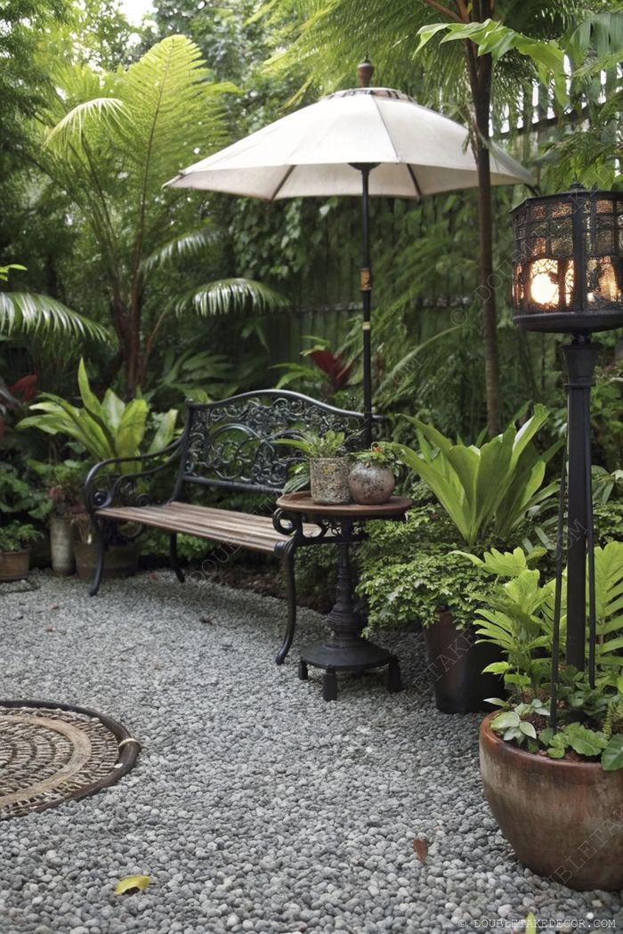 Coin salon extérieur avec banc en métal posé sur gravier, entouré de verdure, petite table à plantes et parasol ombragé.