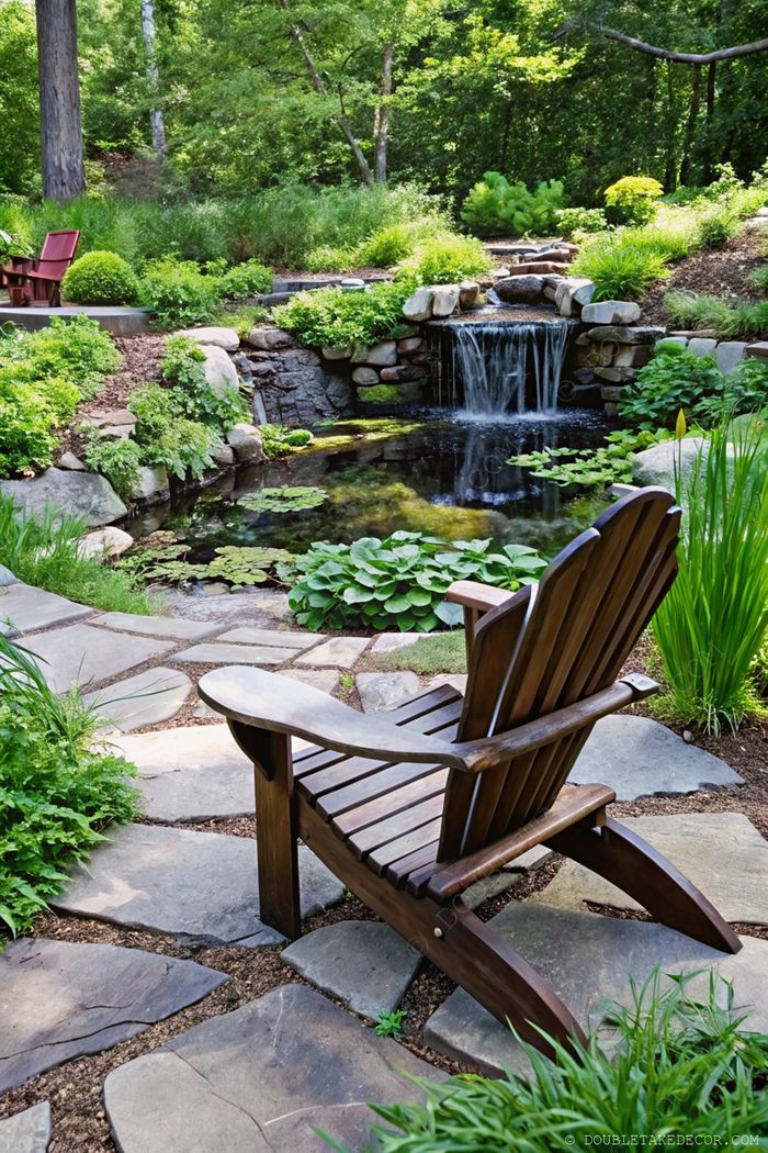 Fauteuil Adirondack en bois sur une allée en pierre, entouré de verdure, avec un étang et une cascade paisibles à l’arrière-plan.