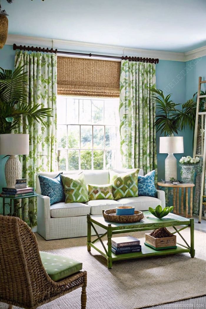 A bright living room with light blue walls, white sofa with leafy pillows, green accents, and tropical plants creating a serene atmosphere.