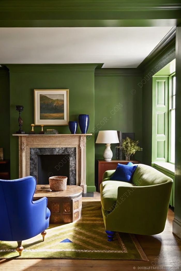 Elegant living room with deep green walls, wooden coffee table on patterned rug, blue and green armchairs, and stone fireplace with decorative mantle.