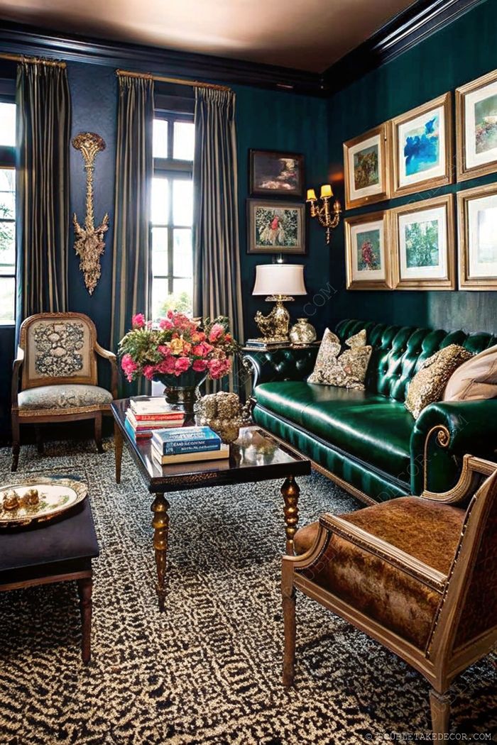 Elegant living room with deep teal walls, emerald velvet sofa, vintage armchair, and gold accents creating a sophisticated green retreat.