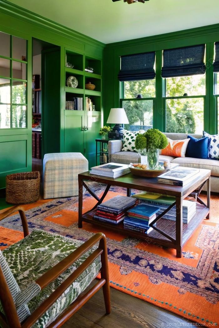 Vibrant green living room with built-in shelves, natural light, wooden coffee table and colorful textiles for a stylish, welcoming atmosphere.
