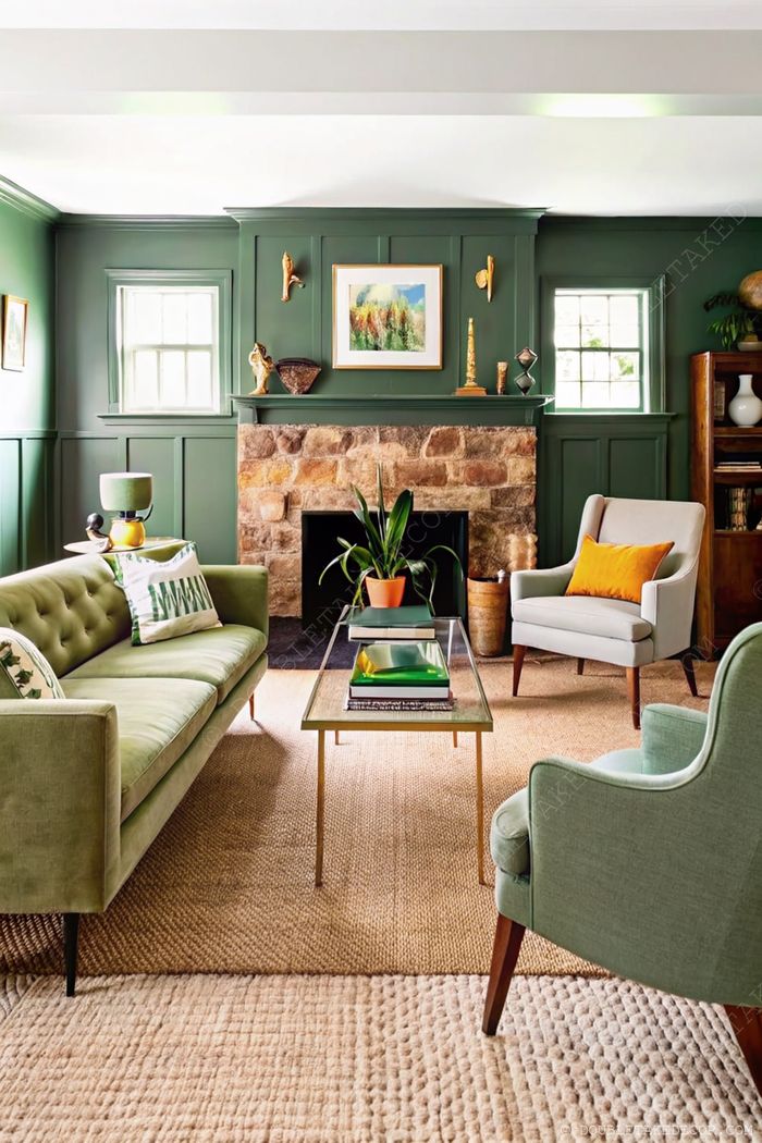 Elegant living room with rich green walls, stone fireplace, and green velvet sofa with patterned pillows and complementary furniture.