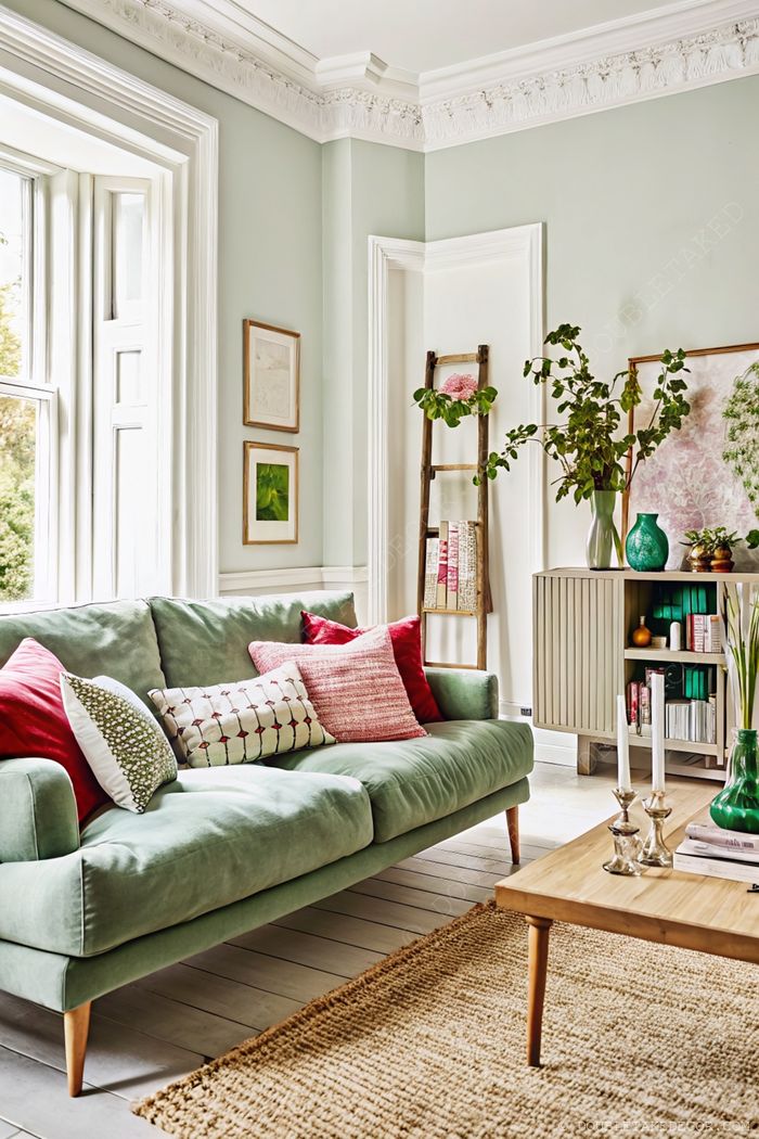 Stylish living room with soft green walls, mint sofa, colorful pillows, and natural decor elements creating a fresh, inviting atmosphere.
