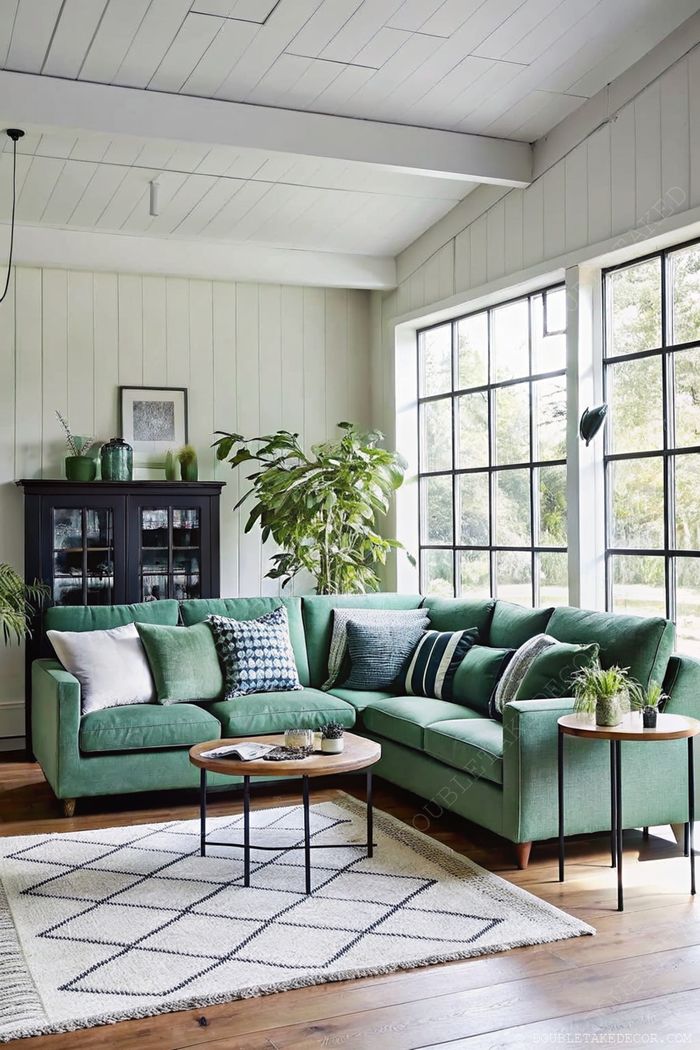 Modern living room featuring a plush green sectional sofa with colorful cushions, tall indoor plant, and stylish wooden coffee table.