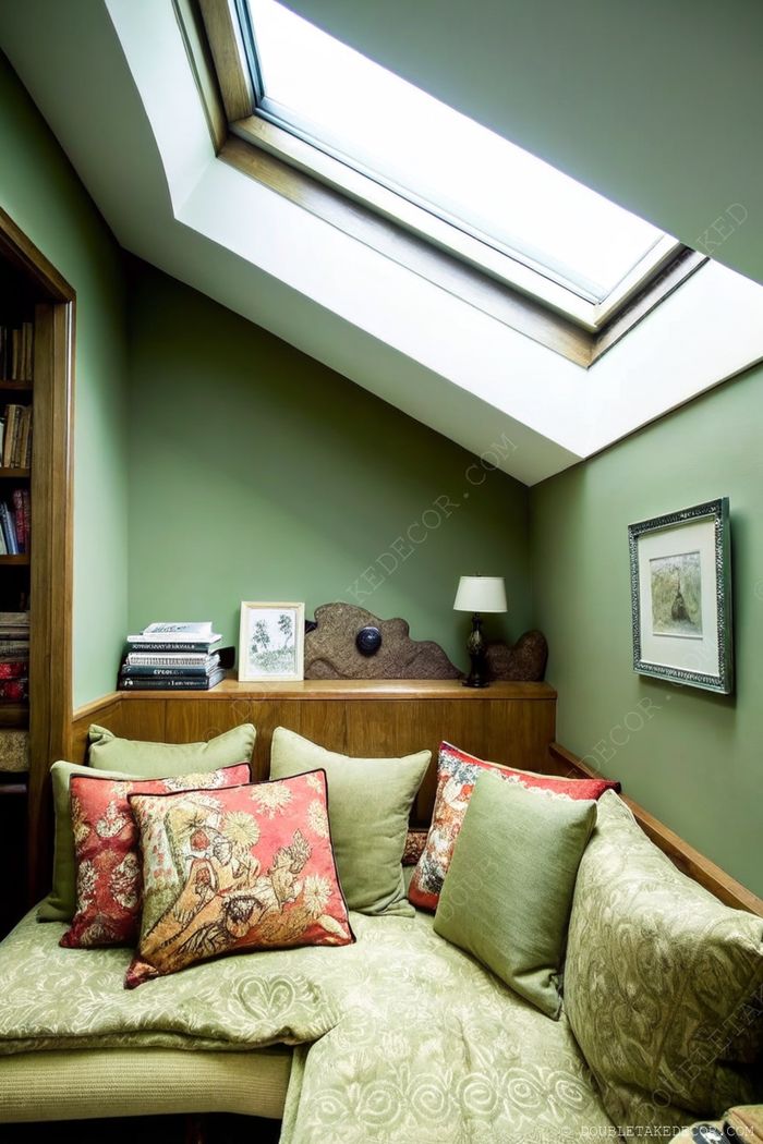 Cozy green-walled reading nook with skylight, corner sofa with decorative pillows, wooden shelf, and soft lighting creating a tranquil retreat.