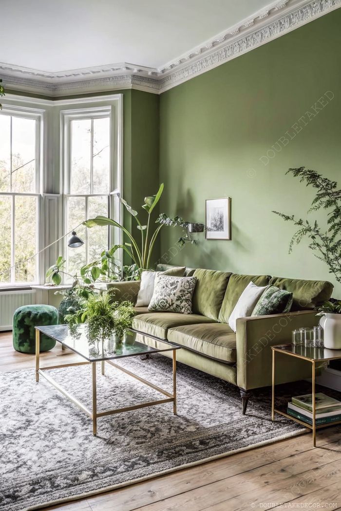Olive-green sofa in a light-filled room with green walls, gold accents, and indoor plants creating a tranquil, nature-inspired space.