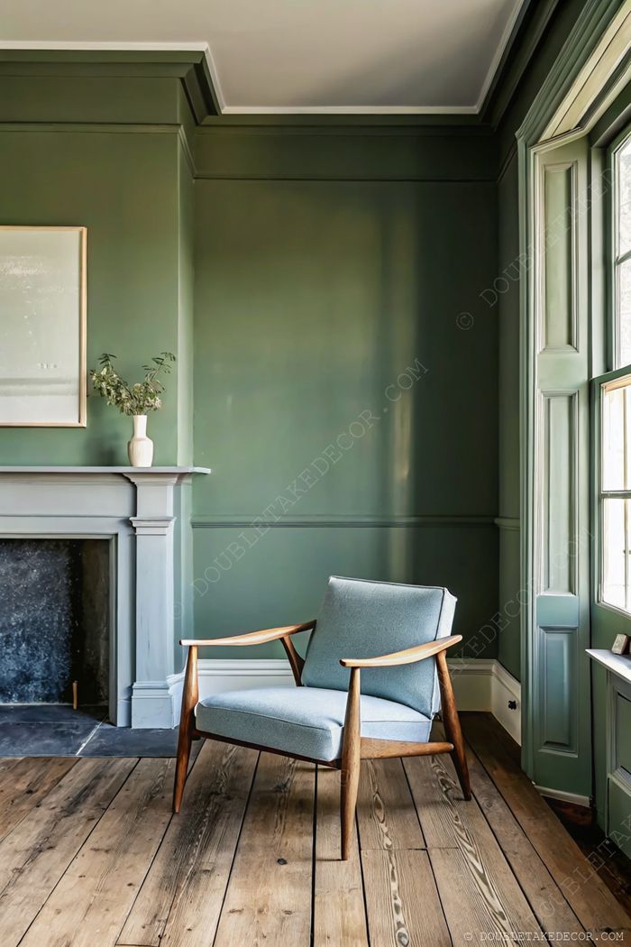 A cozy corner with muted green walls, blue armchair, and fireplace, creating a calm reading space with natural elements.