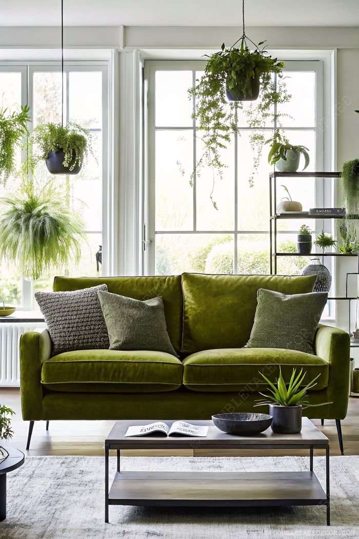 Stylish living room with olive green sofa, decorative pillows, and abundant indoor plants creating a tranquil, nature-inspired space.