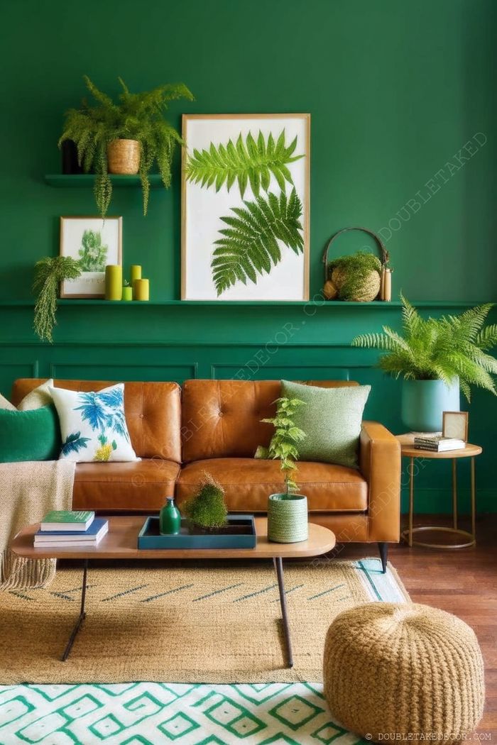 Stylish living room featuring a bold green accent wall, brown leather sofa with textured pillows, botanical artwork, and coordinated green decor elements.