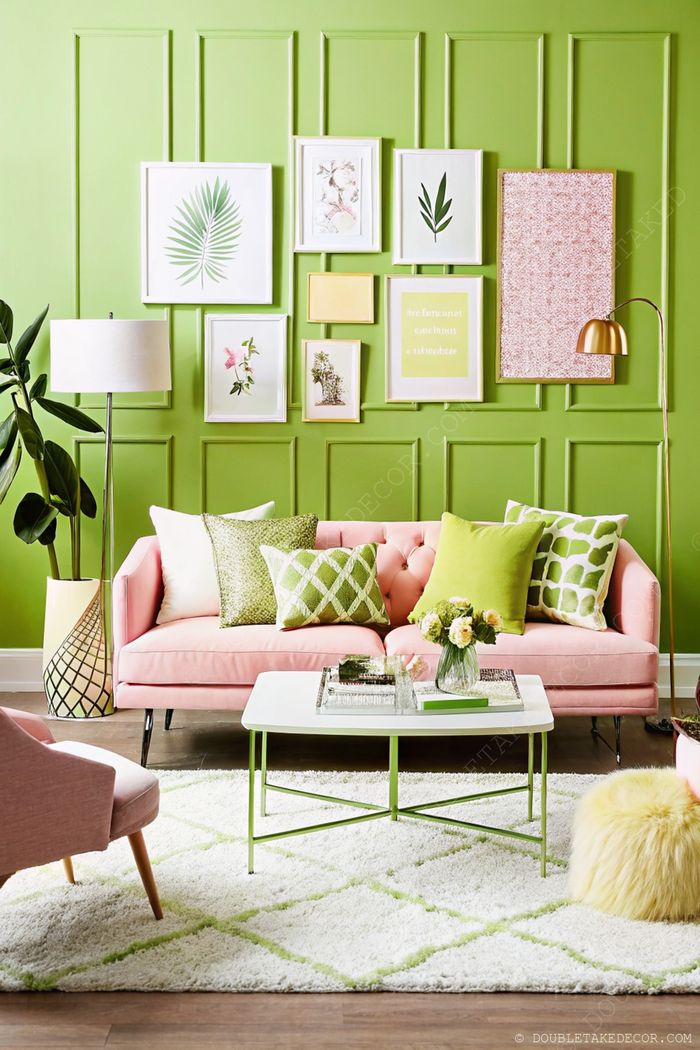 Modern living room with bright green walls, pink tufted couch, botanical prints, and natural accents creating a vibrant, cheerful atmosphere.