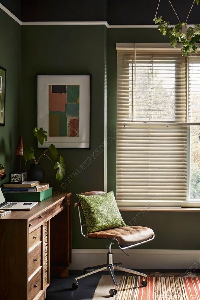 Cozy green home office with dark wooden desk, leather chair, abstract art, and natural light through window blinds.