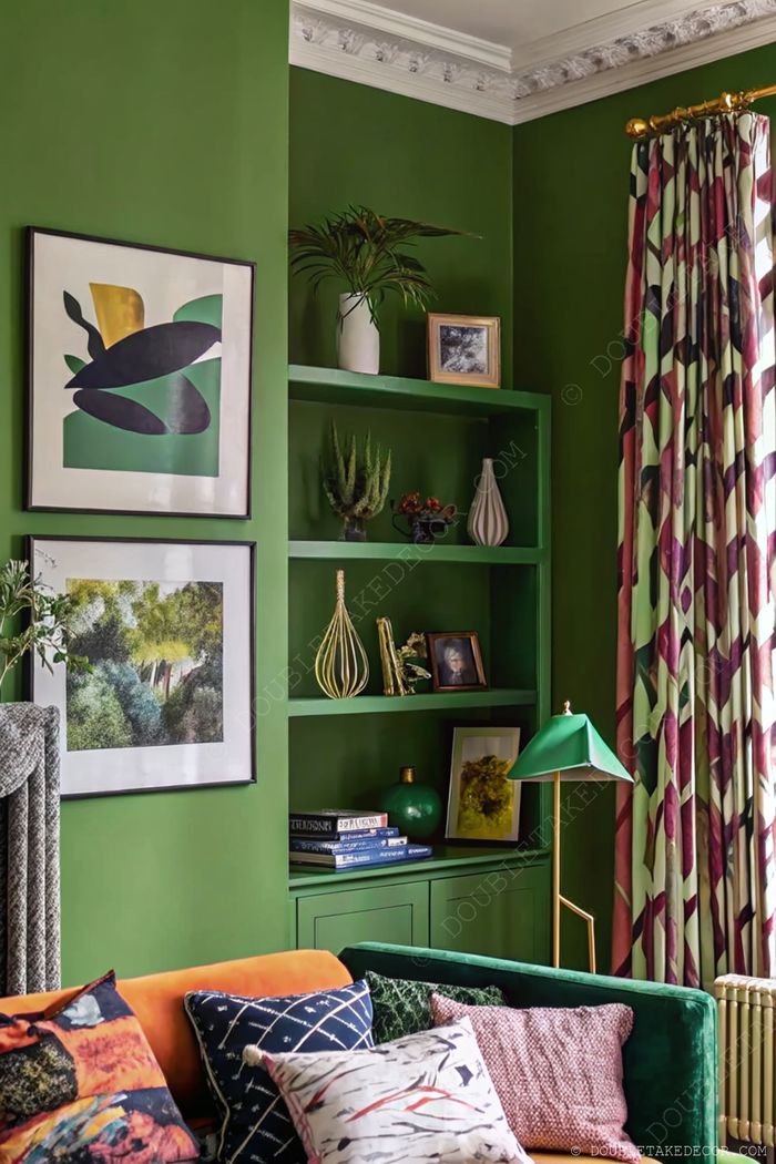 Cozy living space with green accent wall, framed art, built-in shelving, decorative plants, and a sofa with colorful pillows
