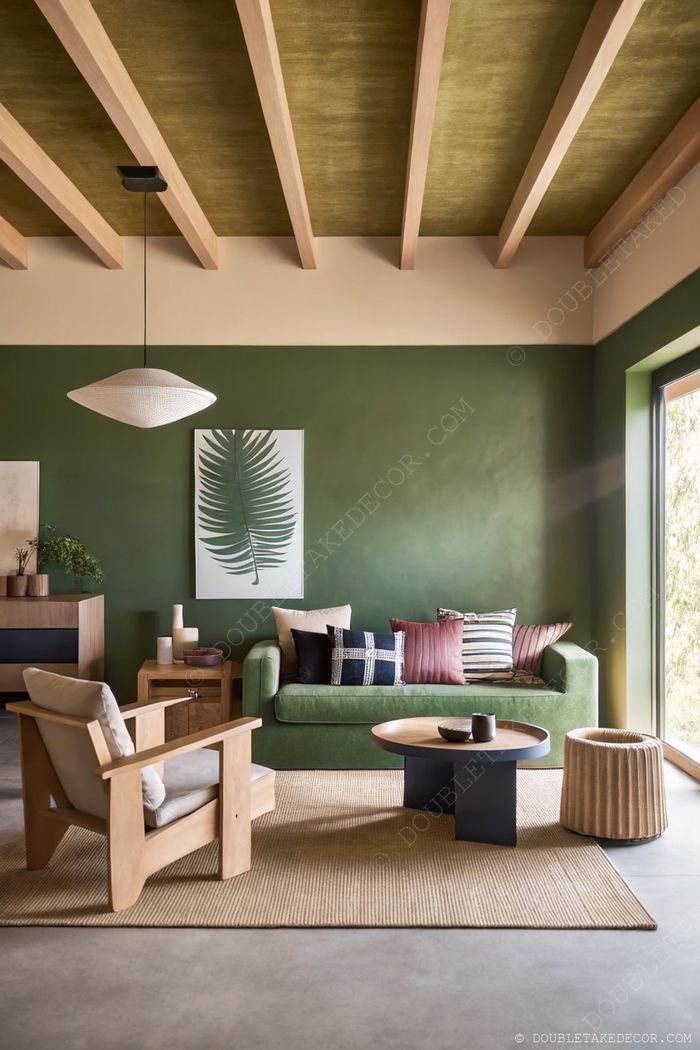 Modern living room with rich green walls, olive ceiling with wooden beams, and coordinating green sofa with decorative pillows.