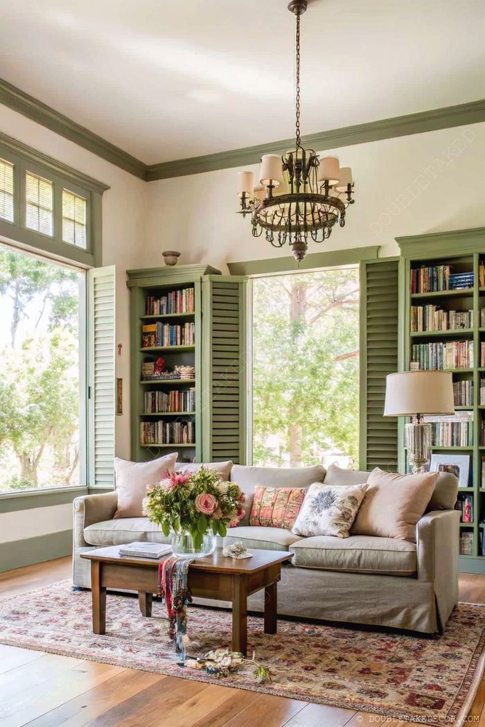 Elegant living room with muted green walls, beige sofa, wooden coffee table, and green shutters allowing natural light to create a calming atmosphere.
