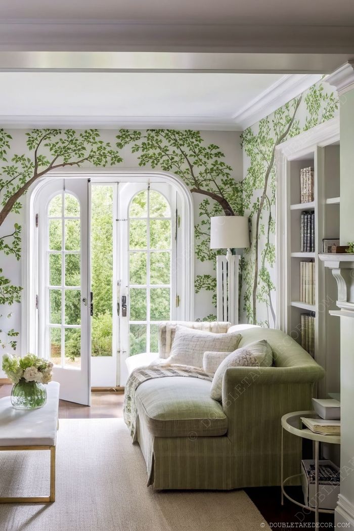 Serene living room featuring green and white tree-patterned wallpaper, French doors to garden, and plush green striped sofa with decorative pillows.