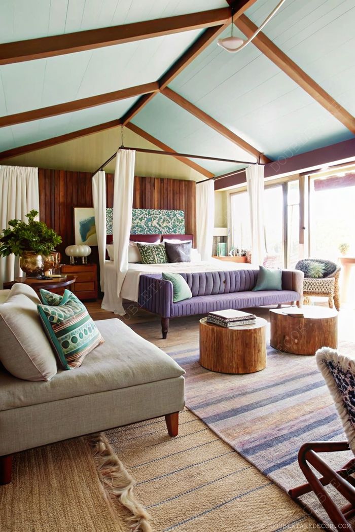Stylish bedroom with vaulted blue ceiling, wooden wall, plush bed, and gray sectional sofa complemented by natural elements and greenery.