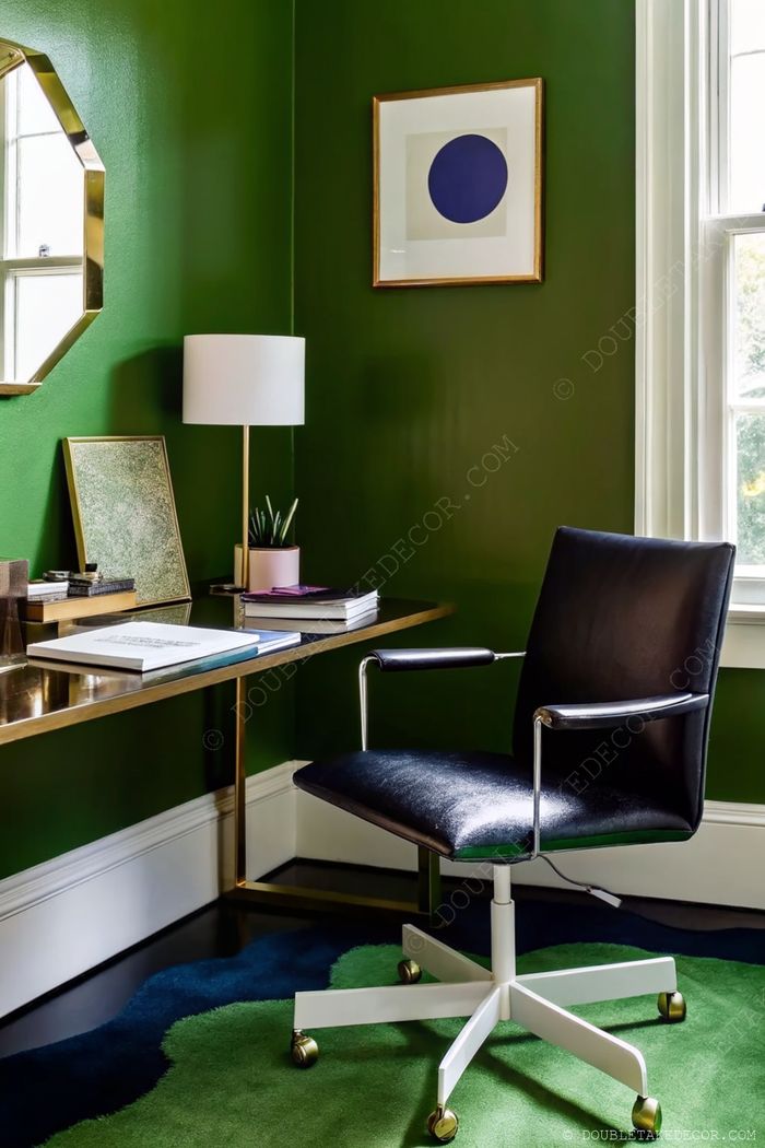Modern home office with deep green walls, gold-accented desk, potted plant, and contemporary furnishings for a stylish workspace.