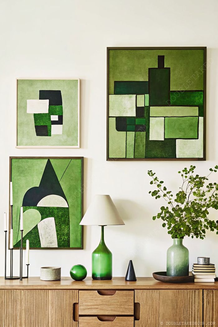 Stylish sideboard featuring green abstract wall art, a green lamp, decorative orbs, and fresh greenery for an elegant modern aesthetic