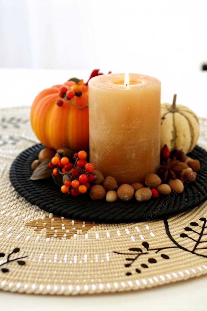 Autumn centerpiece with a lit candle surrounded by orange and white pumpkins, seasonal berries, nuts, and pinecones on a textured black mat.