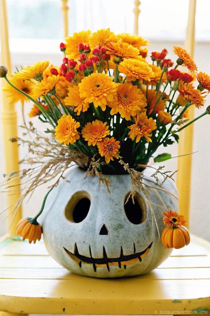 A carved gray pumpkin serving as a vase filled with vibrant yellow daisies and dried grass, displayed on a bright yellow chair.
