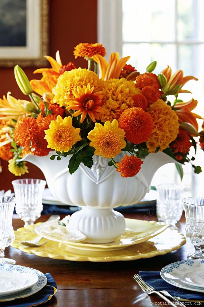 Vibrant yellow and orange floral arrangement in white vase centerpiece with elegant place settings featuring scalloped plates and navy napkins.