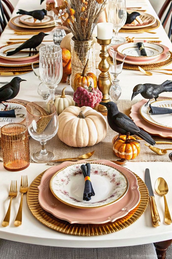 Dining table styled with autumn pumpkins, faux grapes, black crows, and layered place settings with gold cutlery on a linen runner