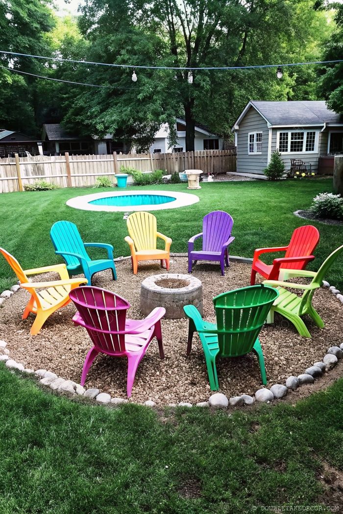 Circular stone fire pit surrounded by vibrant Adirondack chairs in multiple colors, with a pool and string lights creating a perfect backyard gathering space.