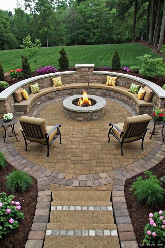 Cozy outdoor fire pit with stone seating wall, colorful cushions, and wrought iron chairs on paver patio, surrounded by lush greenery.