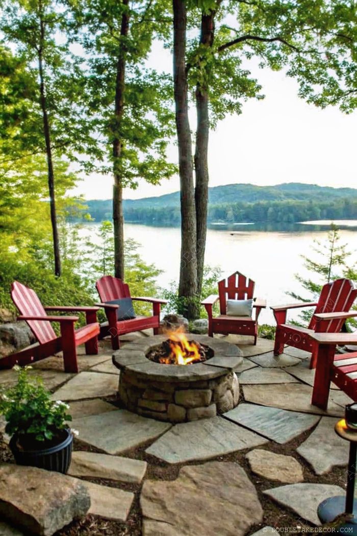 Circular stone fire pit with vibrant red Adirondack chairs on a rustic stone patio overlooking a tranquil lake, surrounded by greenery