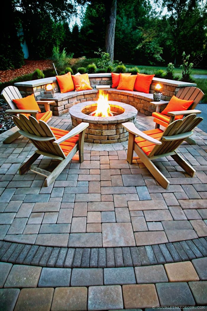 Outdoor stone fire pit with Adirondack chairs featuring orange cushions and a curved stone bench amid paved stone blocks and lush greenery.