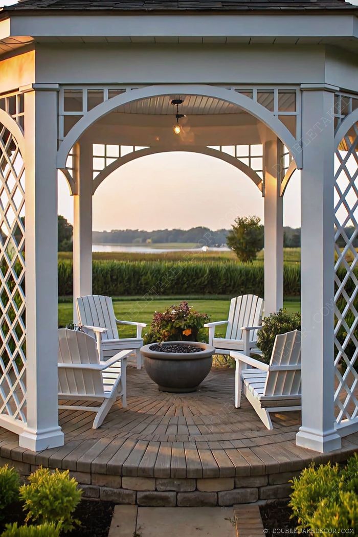 White lattice gazebo with four Adirondack chairs surrounding a stone fire pit on circular wooden flooring, set in a serene countryside landscape.