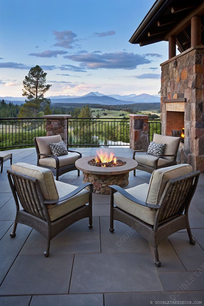 Cozy outdoor patio with four cushioned chairs arranged around a glowing circular fire pit, set against a picturesque mountain landscape.