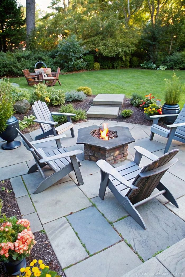 Hexagonal stone fire pit surrounded by wooden Adirondack chairs on a stone patio with colorful potted flowers and lush greenery