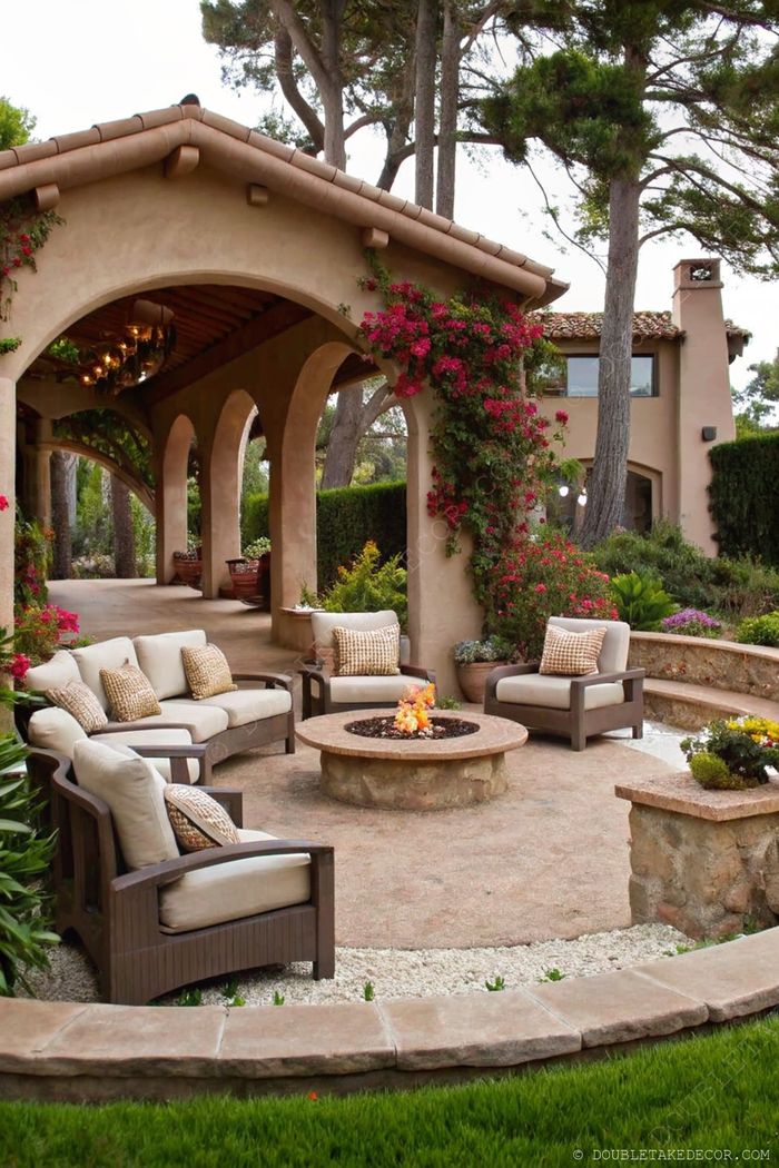 Cozy outdoor living area with beige couches surrounding a stone fire pit, framed by a rustic arch with cascading pink bougainvillea