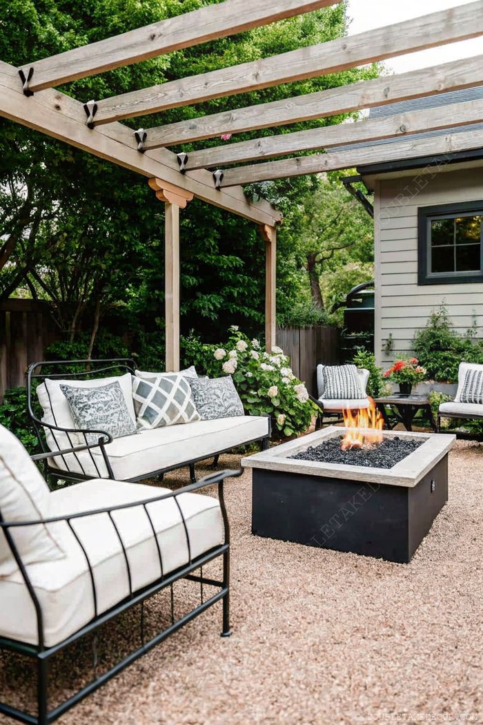 Cozy outdoor seating area under wooden pergola with white cushioned furniture surrounding a modern square fire pit on gravel.