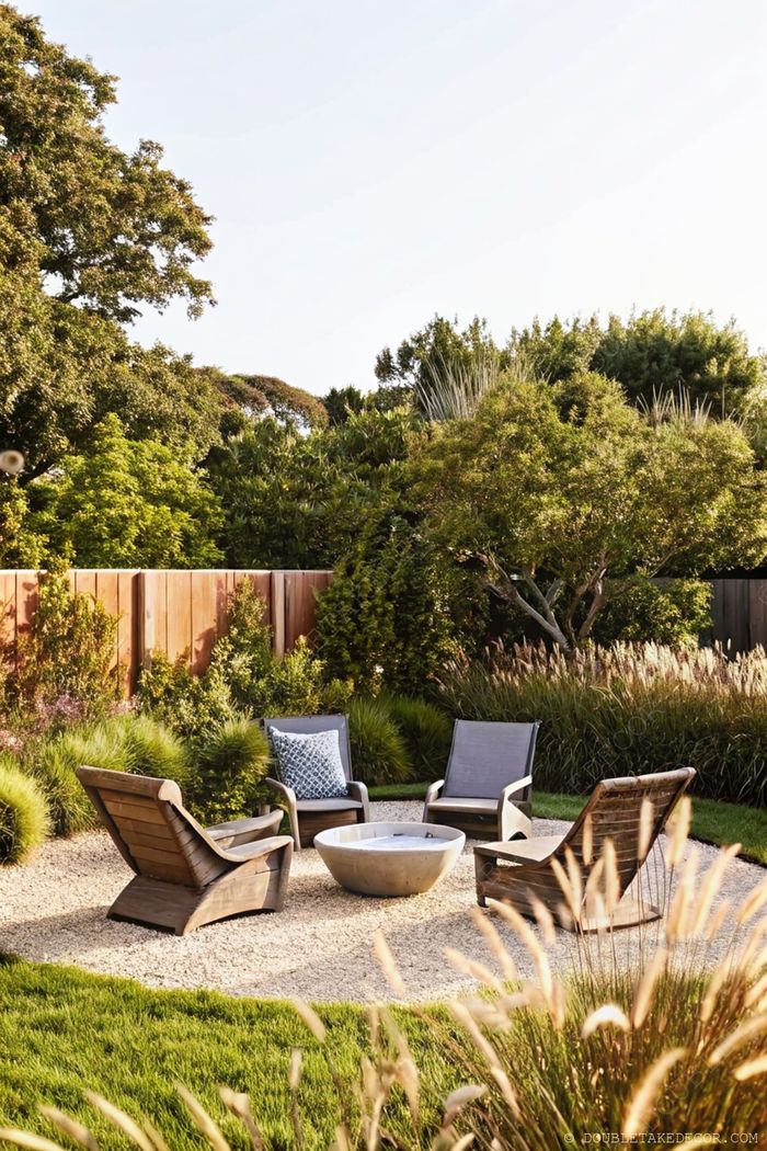 Four wooden chairs arranged around a circular concrete fire pit in a beautifully landscaped backyard with privacy fence and lush greenery.