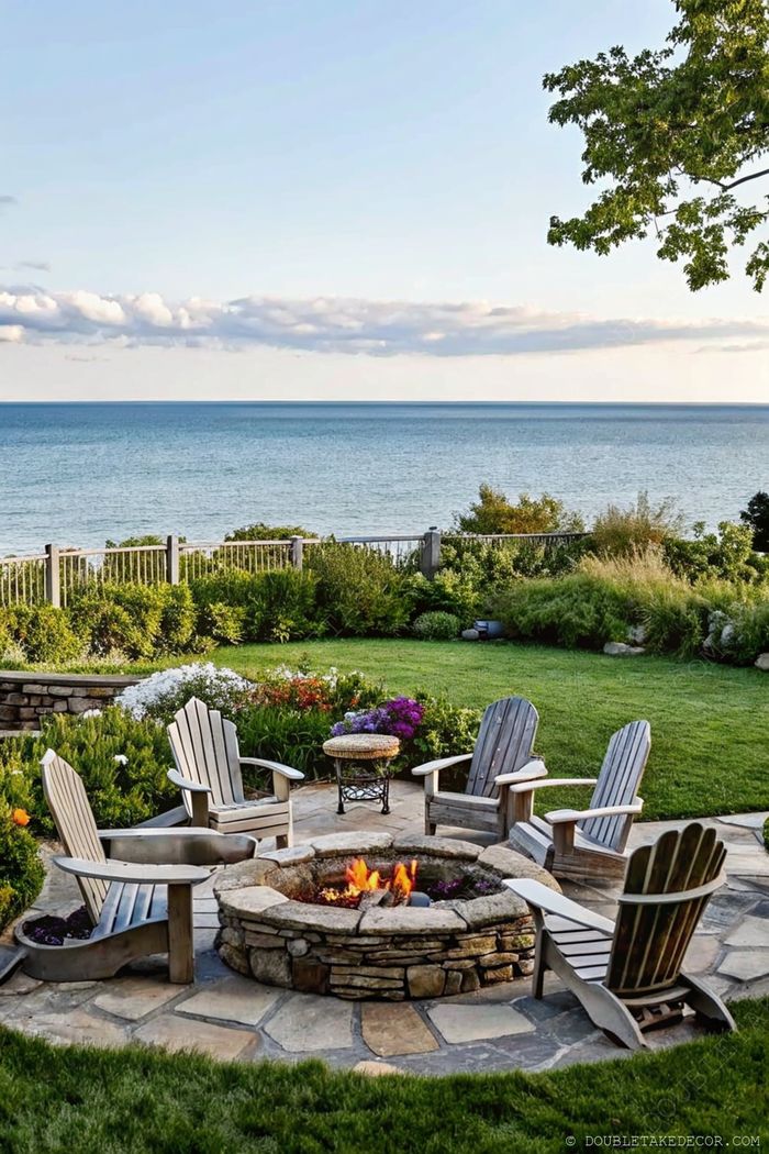 Cozy stone fire pit surrounded by Adirondack chairs, set against a tranquil lake backdrop with lush landscaping.