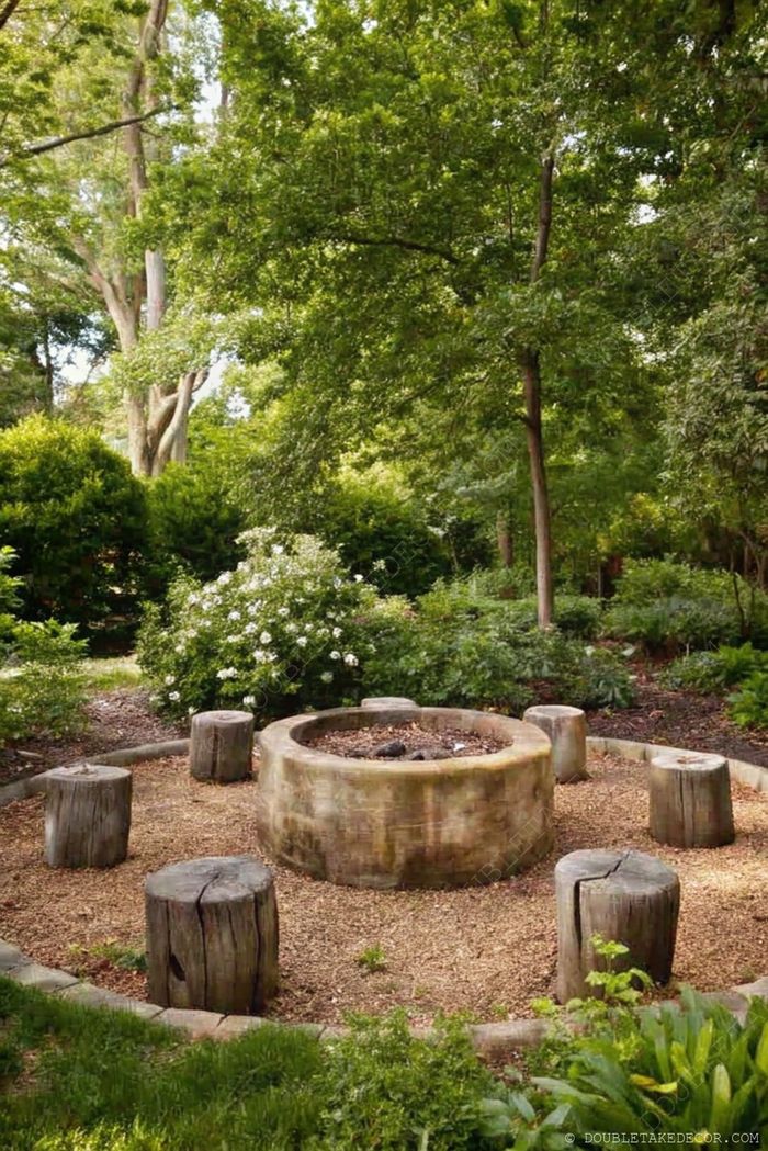 Circular stone fire pit surrounded by rustic wooden stools on gravel, enclosed by lush greenery for a tranquil outdoor gathering space.