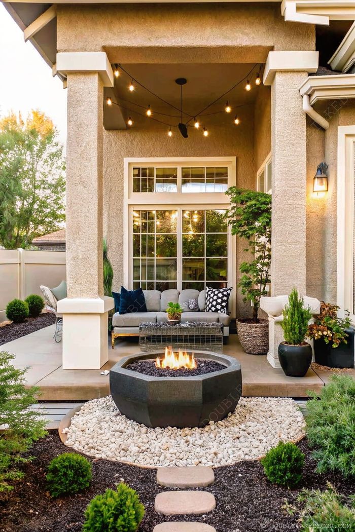 An elegant outdoor space with a modern octagonal fire pit surrounded by white gravel, comfortable gray sofa, and ambient string lights